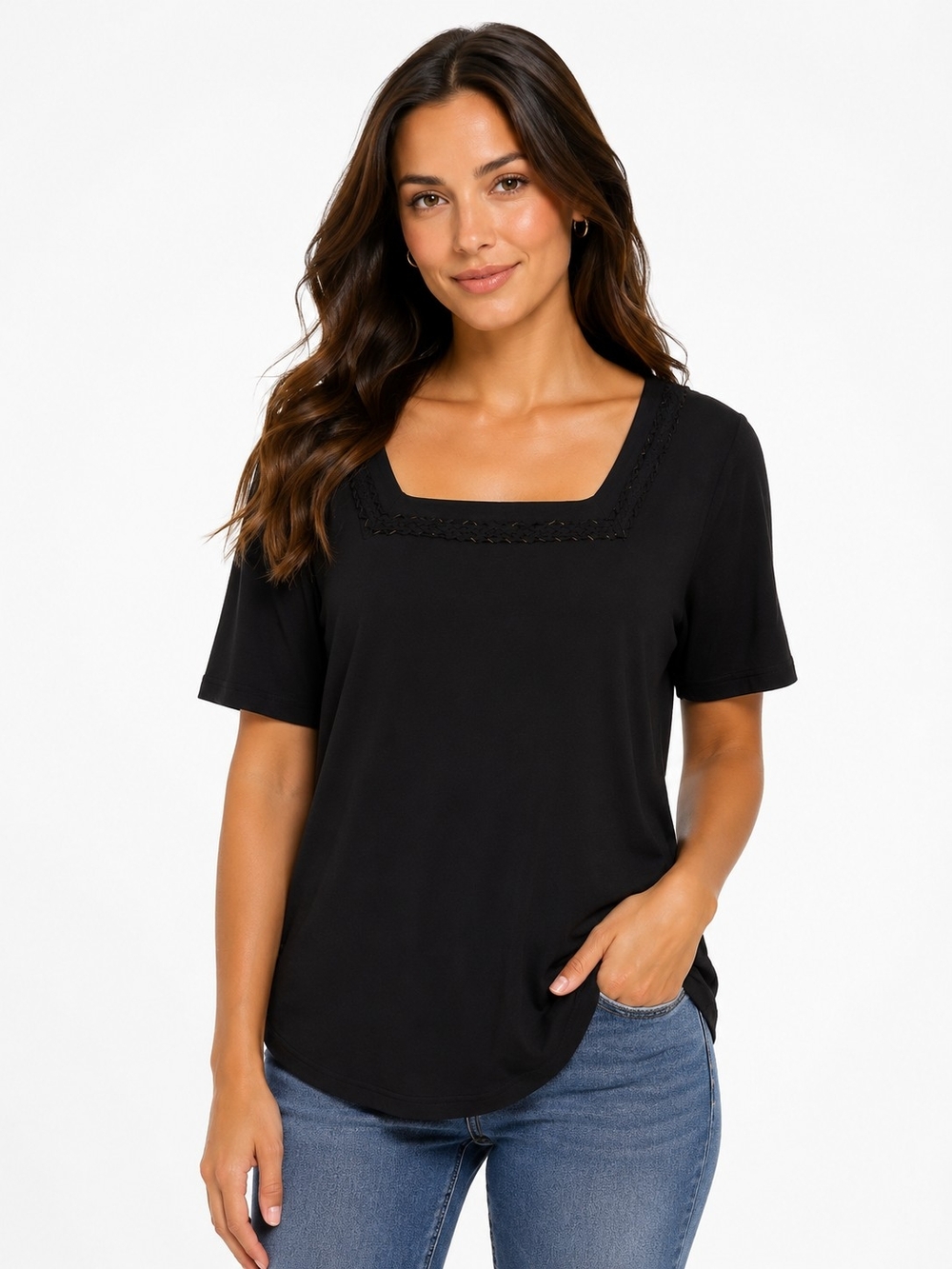 Sag Harbor Black Square Neck Short Sleeve Top